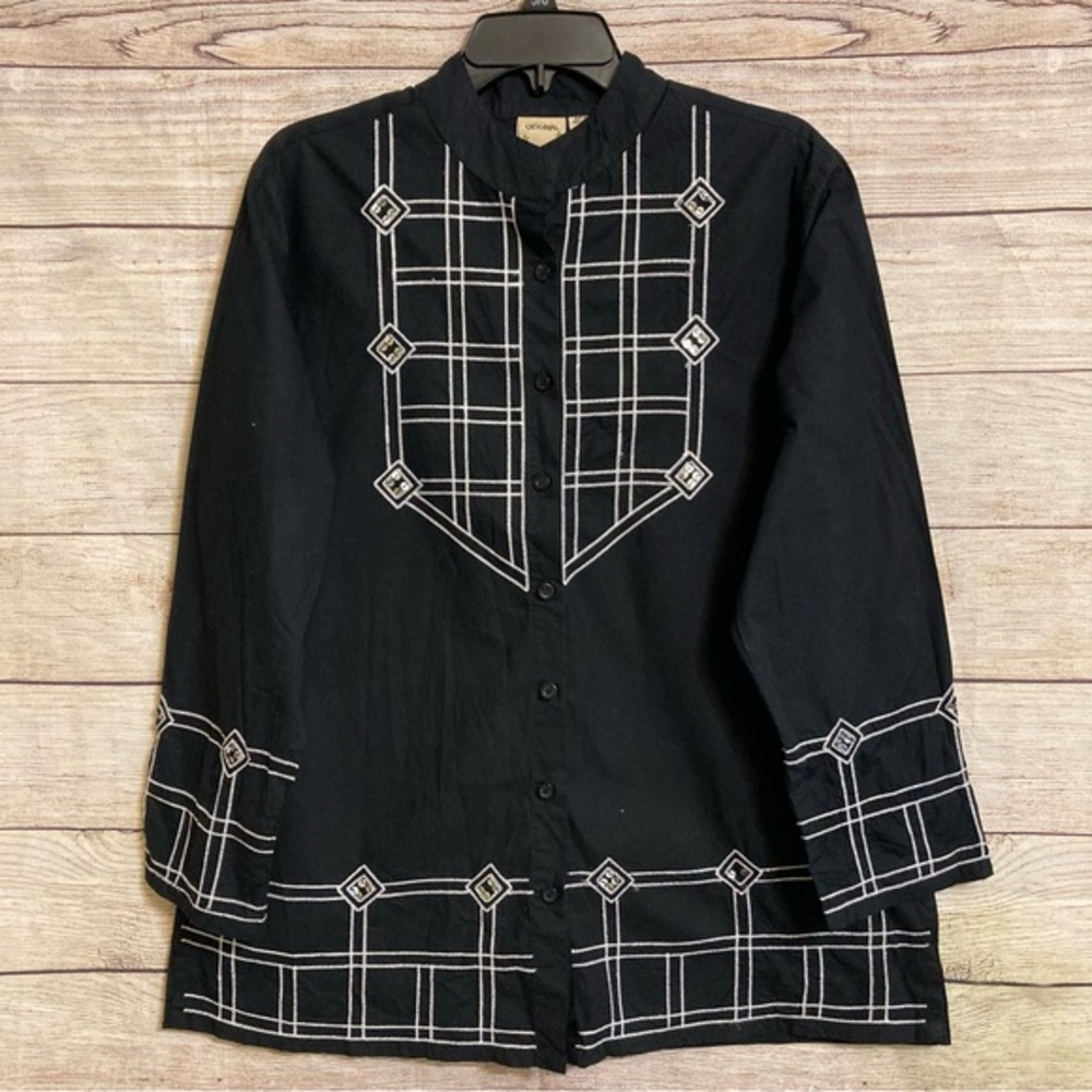 Original Anthony Black Embroidered Top Long Sleeve Button Down Boho Festival